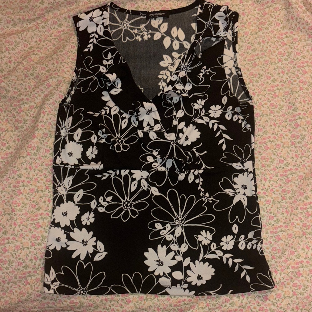 Eyeshadow Black and White Floral Surplice Neckline Sleeveless Blouse